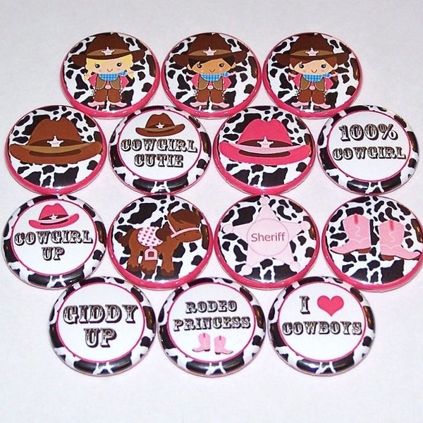 Pink Cowgirl Cutie Set of 14 Buttons 1 Inch Pin Back Buttons 1" Pins or Magnets, Rodeo Cowgirl, Cowboy Boots, Sheriff Star Badge Little Girl