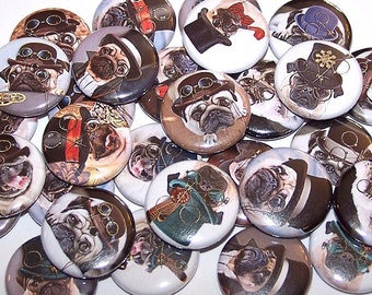 Steam Punk Pugs Steampunk Dogs Pins (10 Pack), 1" o 1.5" o 2.25" Pin Back Buttons o Magnets, Bark Woof Puppy Dog Buttons