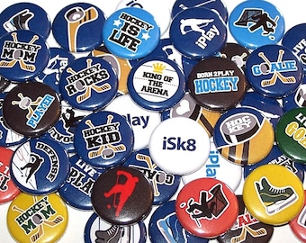 Hockey Player Party Favor Pins (10 Pack), Ice Hockey Team, 1" or 1.5" or 2.25" Pin Back Buttons or Magnet, Hockey Skater, Hockey Player Gift