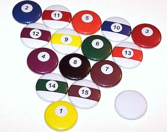 Pines de bolas de billar (paquete de 16), prendedores de billar de bolsillo, recuerdos para fiestas en la piscina, botones o imanes con prendedor de 2,5 cm, 3,8 cm o 5,7 cm, botones de bola 8