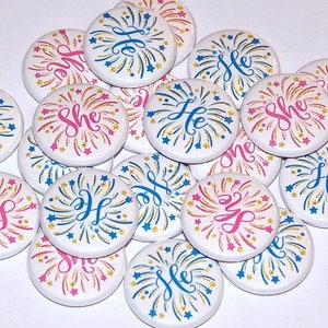 Fireworks He or She Gender Reveal Party 20 Pack Buttons Baby Shower Favor 1 or 1.5 or 2.25 Pin Back Button Pink or Blue Firecracker image 1