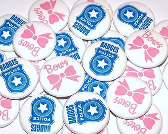 Badges or Bows Gender Reveal Party (20 Pack) Buttons, Blue Police Badge Pink Bows Baby Shower Favor 1" or 1.5" or 2.25" Pin Back Buttons LEO