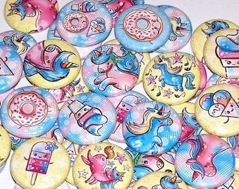 Unicornios dulces golosinas Pines (10 paquete), favores de fiesta de unicornio, 1 " o 1.5 " o 2.25 " Pin Back Botones o Imanes, Unicornio mágico, donut de cumpleaños