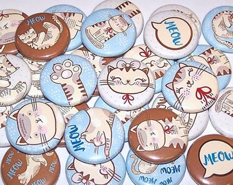 Cute Cats Pins (10 Pack), Cats Party Favors, 1" or 1.5" or 2.25" Pin Back Buttons or Magnets, Kitten Buttons, Playful Kitty Theme Party Pins