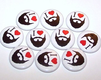 I Love Beards Pins (10 Pack), I Heart Beard Pinback Buttons, 1" or 1.5" or 2.25" Pin Back Buttons or Magnets, Beard Theme Party Favors