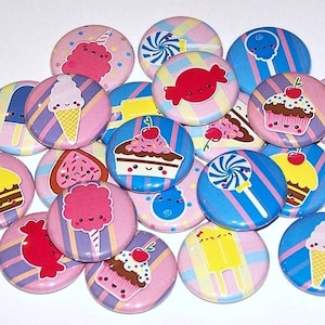 Sweet Treats Pins (10 Pack), Dessert Party Favors, 1&quot; or 1.5&quot; or 2.25&quot; Pin Back Buttons or Magnets, Cookies, Ice Cream, Candy Buffet Smiley
