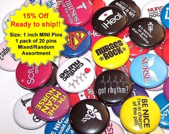 READY to SHIP! Nurse RN 1" Mini Pins (20 Pack Random Assortment) Party Favor Buttons, Nursing PIn, Nurse Week Gift Ideas, Nurse Appreciation