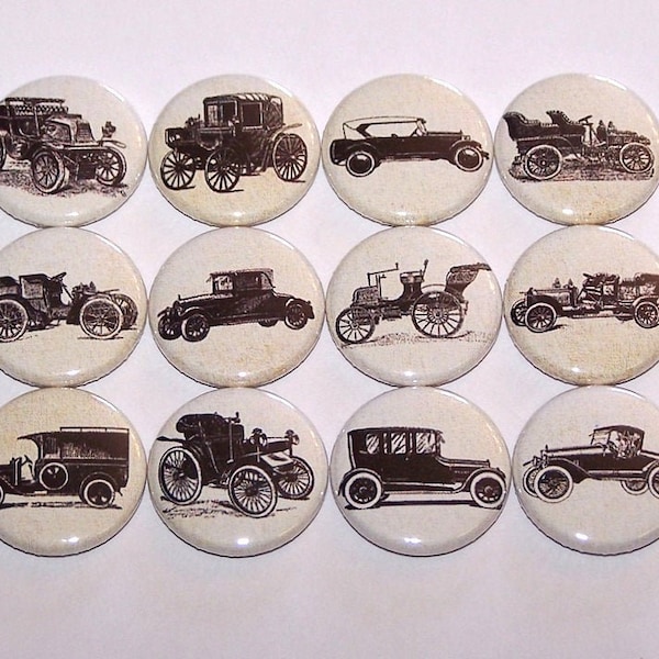 Old Vintage Cars Set (12 Pack) Pinback Buttons, Party Favors, 1" or 1.5" or 2.25" Pin Back Button or Magnets, Automobile Badges, Flair