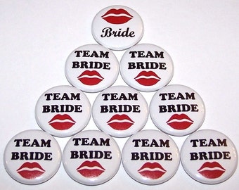 Team Bride Red Lips (10 Pack) Buttons Wedding Bridal Bachelorette Party Favors 1" or 1.5" or 2.25" Pin Back Button