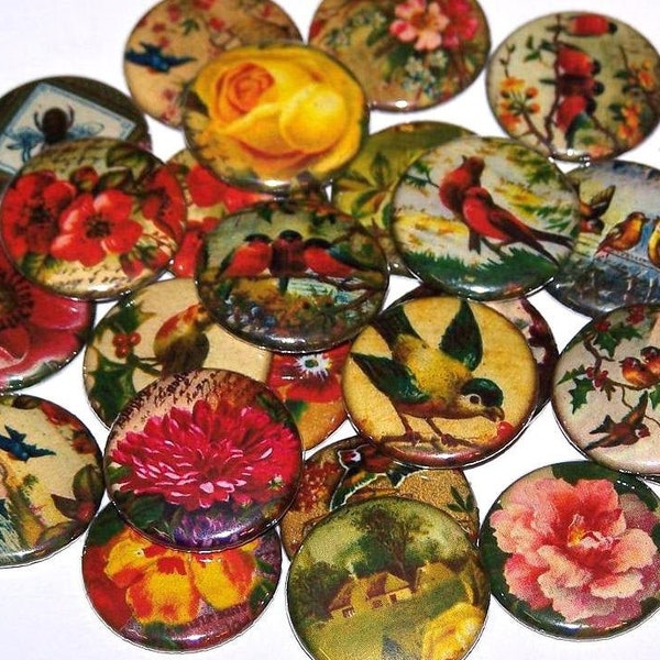 Floral & Birds Pins (10 Pack) Vintage Look, Victorian Style, 1" , 1.5" or 2.25" Buttons or Magnets Party Favors, Flowers, Flora, Roses, Bird