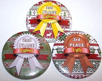 Ugly Sweater Awards, 2.25" Pins (3 Pack), Ugly Sweater Prize Ribbon, Pin Back Buttons, Tacky Sweater Party Awards Badge, Ugly Uglier Ugliest