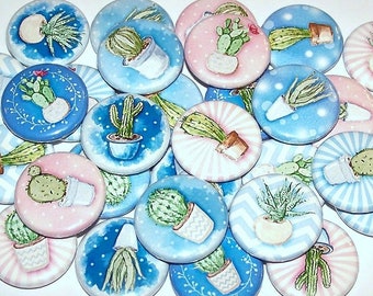Cactus Pins (10 Pack), Cactus Party Favors, 1" or 1.5" or 2.25" Pin Back Buttons or Magnets, Watercolor Cactus Buttons, Succulent Plant Pins