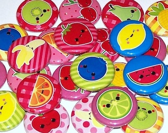 Fun Assorted Fruit Pins (10 Pack), Fruits Party Favors, 1" or 1.5" or 2.25" Pin Back Buttons or Magnets, Fruity Badges, Food Smiley Faces