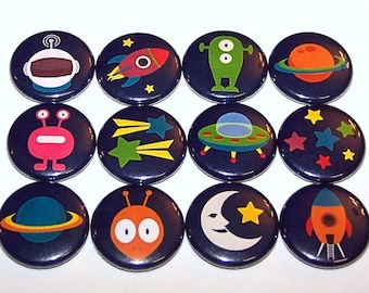 Life In Outerspace Pins (12 Pack), Spaceship Alien Party Favors, 1" or 1.5" or 2.25" Pin Back Buttons or Magnets, Astronaut Theme Party