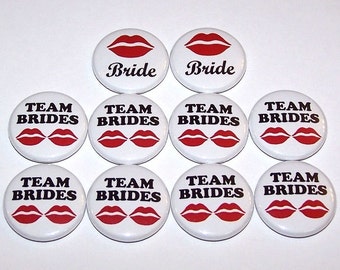 Lesbian Team Brides Red Lips (10 Pack) Buttons Wedding Bridal Bachelorette Party Favors 1" or 1.5" or 2.25" Pin Back Button LGBTQ Gay Pride