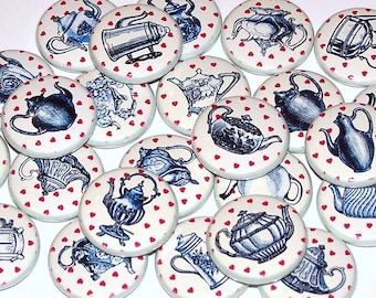Teapot Pins (10 Pack) Tea Party Buttons Party Favors 1" or 1.5" or 2.25" Pinback Buttons or Magnets, Tea Time, Tea Cup Tea Kettle Coffee Pot