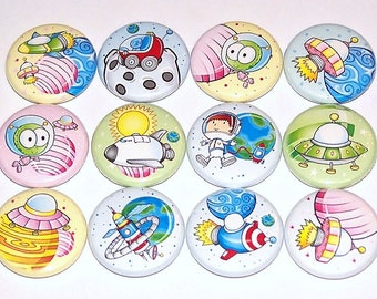 Astronaut Outerspace Party Favors (12 Pack) Pinbacks, 1" or 1.5" or 2.25" Pin Back Buttons or Magnets, Spaceship Birthday, Aliens, Rocket