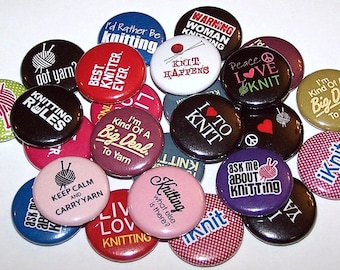 I Love Knitting Pins (10 Pack), Knitter Gift, 1" or 1.5" or 2.25" Pinback Buttons or Magnets, Knit Theme, Knitting Pinbacks Party Favors