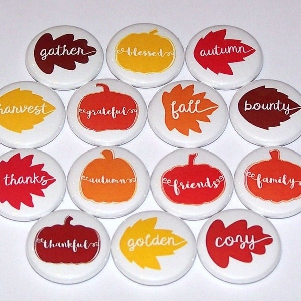 Fall Leaves & Pumpkins Words Party Favors (14 Pack), Autumn Theme, Happy Thanksgiving Pins, 1" or 1.5" or 2.25" Pin Back Buttons or Magnets