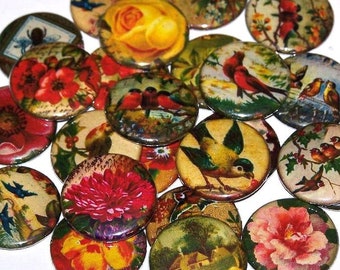 Floral & Birds Pins (10 Pack) Vintage Look, Victorian Style, 1" , 1.5" or 2.25" Buttons or Magnets Party Favors, Flowers, Flora, Roses, Bird