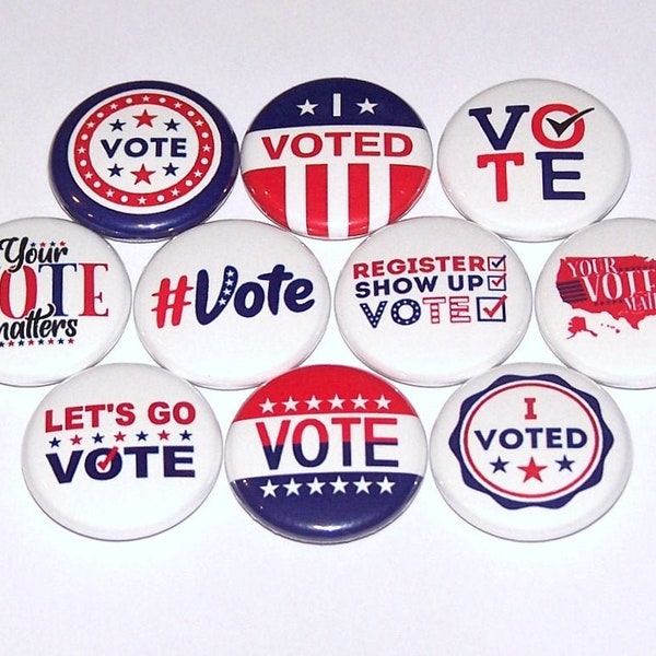 Voting Pins (10 Pack) I Voted Election Buttons Party Favors Pins 1" or 1.5" or 2.25" Pinback Buttons or Magnets, Vote, Voter, Patriotic Pin