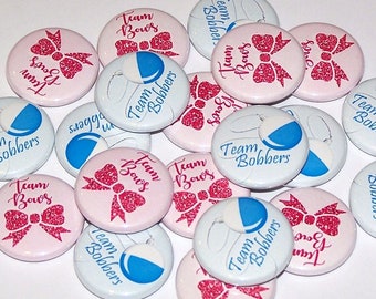 Bobbers or Bows Gender Reveal Party (20 Pack) Buttons Baby Shower Favor 1", 1.5" or 2.25" Pin Back Button Pink Blue Magnet Fishing Pink Blue