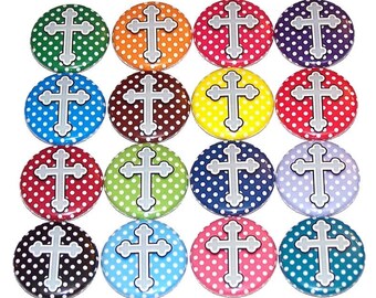 Polka Dot Cross Pins (16 Pack), Religious Golden Cross Pins Party Favors, 1" or 1.5" or 2.25" Pin Back Buttons or Magnets Prayer Baptism