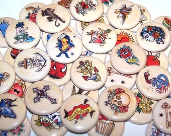 Old School Tattoo Retro Tattoos Assorted Set of 10 Buttons 1" or 1.5" Pin Backs or 1" Magnets Party Favors American Traditional Flash Tattoo