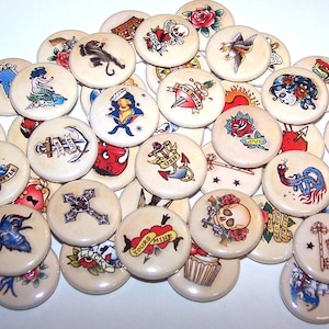 Old School Tattoo Retro Tattoos Assorted Set of 10 Buttons 1" or 1.5" Pin Backs or 1" Magnets Party Favors American Traditional Flash Tattoo