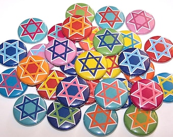 Colorful Star of David Pins (10 Pack), Hanukkah Pinback Buttons, 1" or 1.5" or 2.25" Pin Back Buttons or Magnets, Jewish Buttons, Favors
