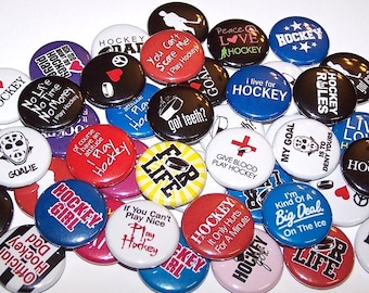Ice Hockey Pins (10 Pack), Hockey Team Party Favors, 1" or 1.5" or 2.25" Pin Back Buttons or Magnets, Hockey Skater, Hockey Player Gift