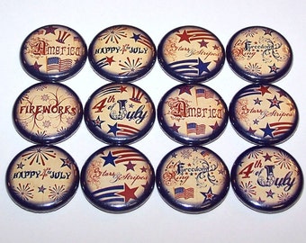 Vintage Style 4th of July Pins (12 Pack) Buttons Party Favors, 1" or 1.5" or 2.25" Pinback Buttons or Magnets, Stars and Stripes USA Buttons