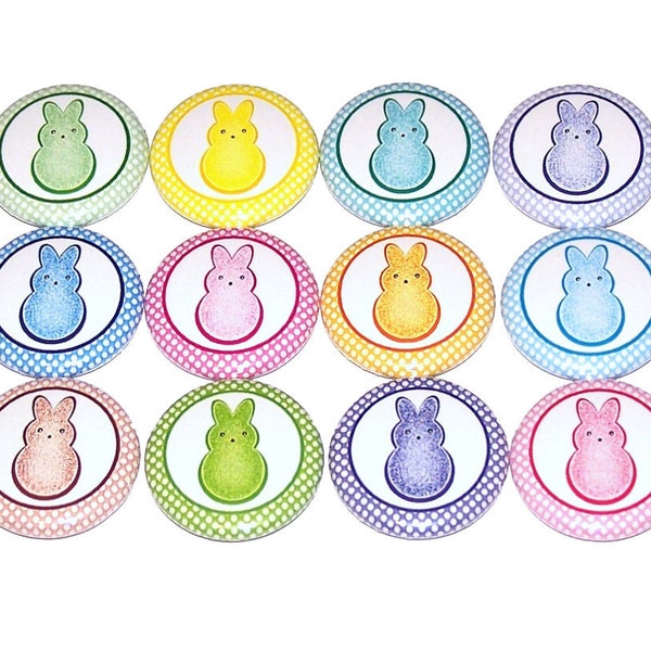 Colorful Easter Rabbit Pin Back Buttons (12 Pack), Easter Basket Party Favors, 1" or 1.5" or 2.25" Pins or Magnets, Easter Bunny Bunnies