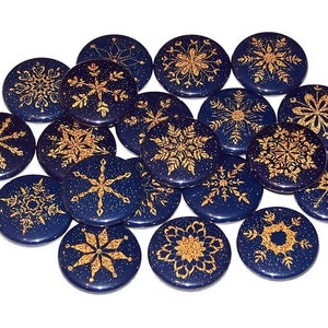 Winter Night Snowflake Pins (10 Pack), Snow Flake Party Favors, 1" or 1.5" or 2.25" Pin Back Buttons or Magnets, Blue Winter Snowing Favor