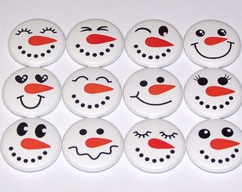 Snowman Faces Pins (12 Pack), Snow Man Smiley Faces Pinbacks, 1" o 1.5" o 2.25" Pin Back Buttons o Magnets, Emotions, Expressions, Frosty