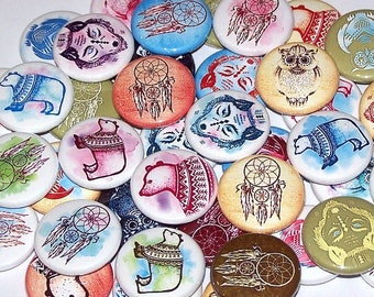 Tribal Animal Pins (10 Pack), Watercolor Style Dreamcatchers 1" or 1.5" or 2.25" Pin Back Buttons or Magnets, Dream Catcher Party Favors