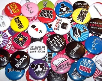 I Love Books Set of 10 Buttons 1" or 1.5" Pin Backs or Magnets Reading Party Favors