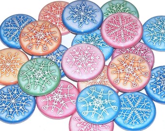 Colorful Snowflake Pins (10 Pack), Snow Flake Party Favors, 1" or 1.5" or 2.25" Pin Back Buttons or Magnets, Pastel Winter Snowing Favor