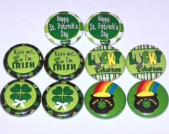 St Patrick's Day (10 Pack) Pin Back Buttons, Shamrock Pins, 1" or 1.5" or 2.25", Flat Backs, Badges, or Magnets, St. Paddy's Day Holiday