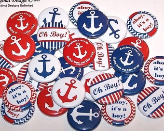 Ahoy es un niño, Náutica Baby Shower Party Favors (30 Pack), 1" o 1.5" o 2.25" Pinback Botones o Imanes, Baby Boy, Rojo Blanco & Azul