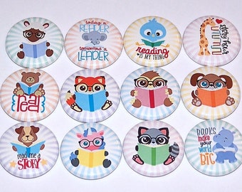 Lectura de Animales Pines (12 Pack) Animal Book Lover Readers Pinback Botones Pinback, 1" o 1.5" o 2.25" Pin Back Button o Imanes, School Book Club