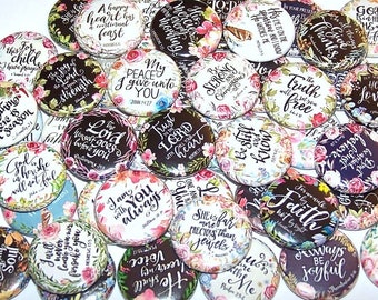 Floral Bible Verses Pins (10 Pack), Religious Bible Quotes Party Favors, 1" or 1.5" or 2.25" Pin Back Buttons or Magnets, Prayer Religion