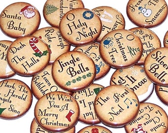 Christmas Songs Pins (10 Pack) 1" or 1.5" or 2.25" Pin Back Button or Magnets, Holiday Music, Merry Christmas Carols Party Favors, Decor