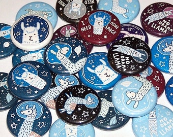 Space Llama Pins (10 Pack), Astronaut Llamas Party Favors 1" or 1.5" or 2.25" Pin Back Buttons or Magnets, Alpaca Space Buttons, Outerspace