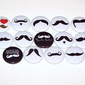 Stache Mustache Mix Pins (14 Pack), Mustache Party Favor Pinback Buttons, 1&quot; or 1.5&quot; or 2.25&quot; Pin Back Buttons or Magnets, Moustache Badge