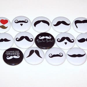 Stache Mustache Mix Pins 14 Pack, Mustache Party Favor Pinback Buttons, 1 or 1.5 or 2.25 Pin Back Buttons or Magnets, Moustache Badge image 1