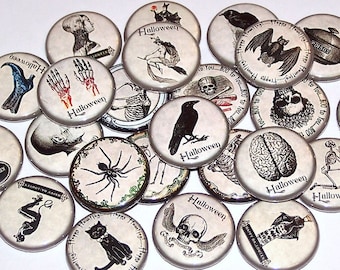 Spooky Halloween Pins (10 Pack) Party Favors, 1" or 1.5" or 2.25" Pin Back Buttons or Magnets, Victorian Vintage Style, Dark Scary Buttons