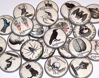 Spooky Halloween Pins (10 Pack) Party Favors, 1" or 1.5" or 2.25" Pin Back Buttons or Magnets, Victorian Vintage Style, Dark Scary Buttons