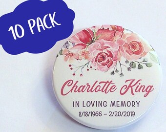 Pink Flowers Watercolor In Loving Memory (10 Pack) Pin Back Buttons or Magnets, In Memory of, Memorial Remembrance Sympathy Gift, Funeral