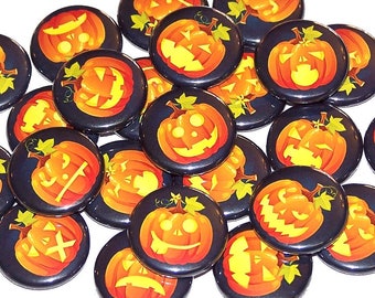 Jack-O-Lantern Pins (10 Pack) Halloween Pumpkin Faces Party Favors, 1" or 1.5" or 2.25" Pin Back Buttons or Magnets, Scary Spooky Pumpkins